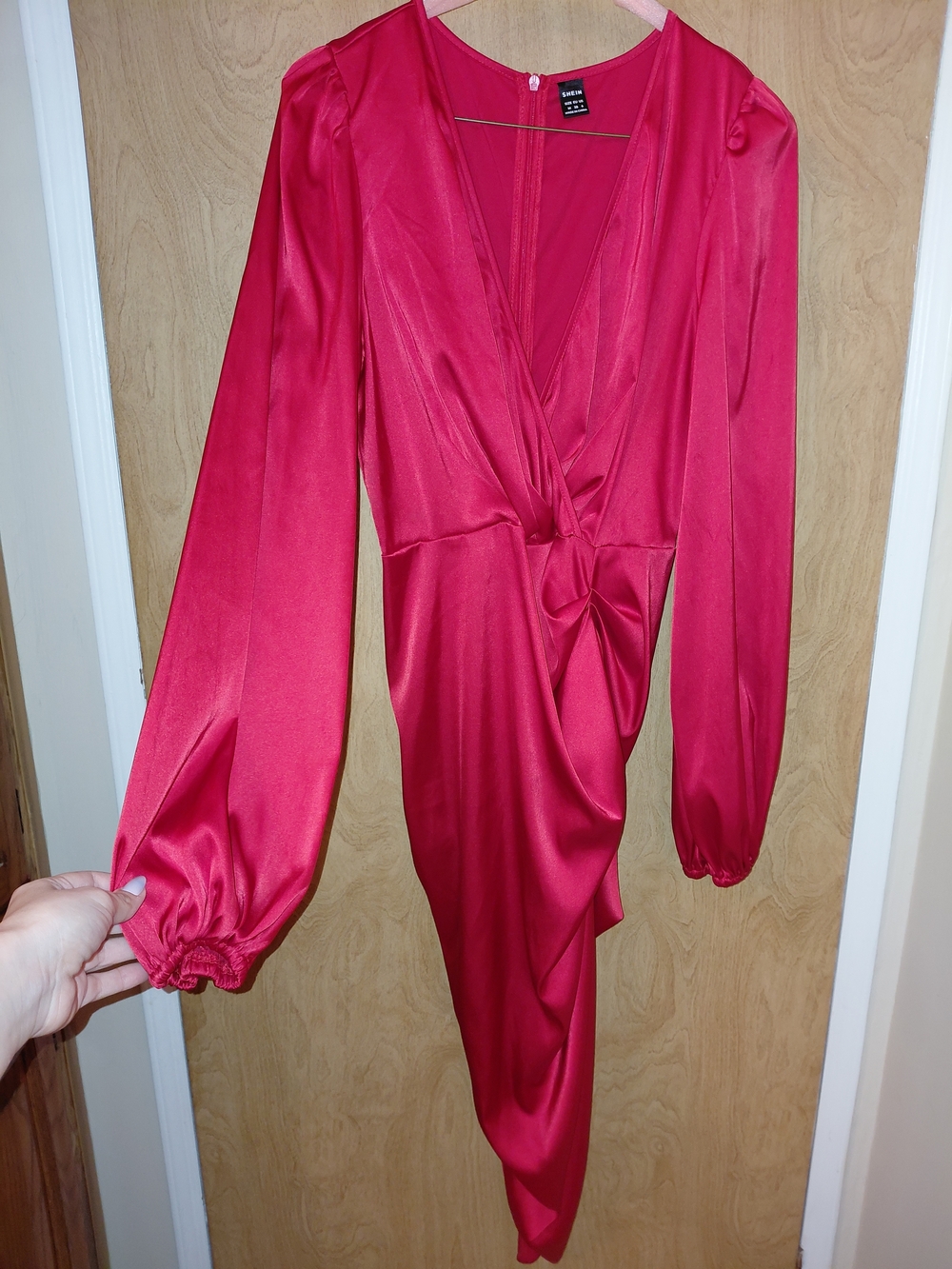 Red Satin Twist Front Long Sleeve Dress